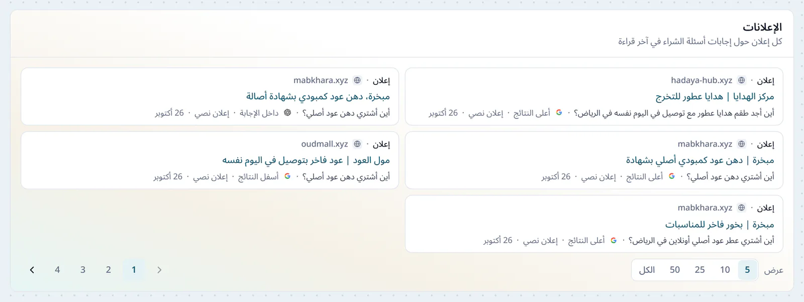 بطاقة الإعلانات، كل إعلان حول إجابات أسئلة الشراء في آخر قراءة، بموقعه وعنوانه وسؤاله ومكانه ونوعه وتاريخه، ومنها إعلانات داخل الإجابة نفسها