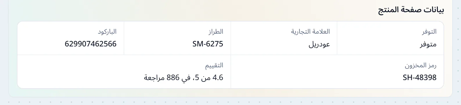 ما تذكره صفحة المنتج، التوفر والعلامة التجارية والطراز والباركود ورمز المخزون، والتقييم وعدد المراجعات