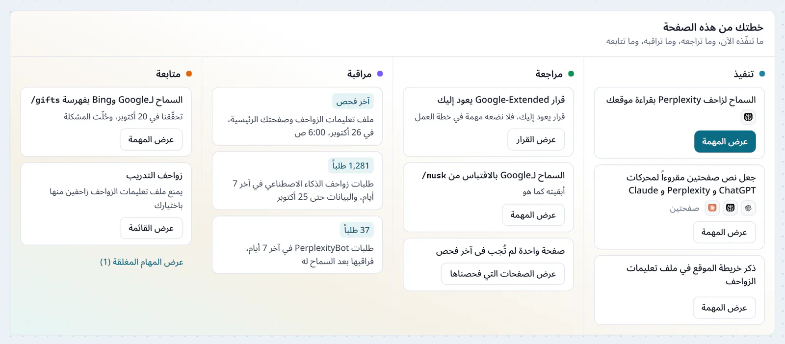 خطتك من هذه الصفحة في جاهزية الموقع، أربعة أعمدة، تنفيذ بالمهام الثلاث، ومراجعة قرار Google-Extended، وتعليمة في /musk أبقيتها كما هي، وصفحة لم تُجب في آخر فحص، ومراقبة آخر فحص في 26 أكتوبر و1,281 طلباً من زواحف الذكاء الاصطناعي و37 طلباً من PerplexityBot، ومتابعة مهمة /gifts التي حُلّت في 20 أكتوبر، وزواحف التدريب
