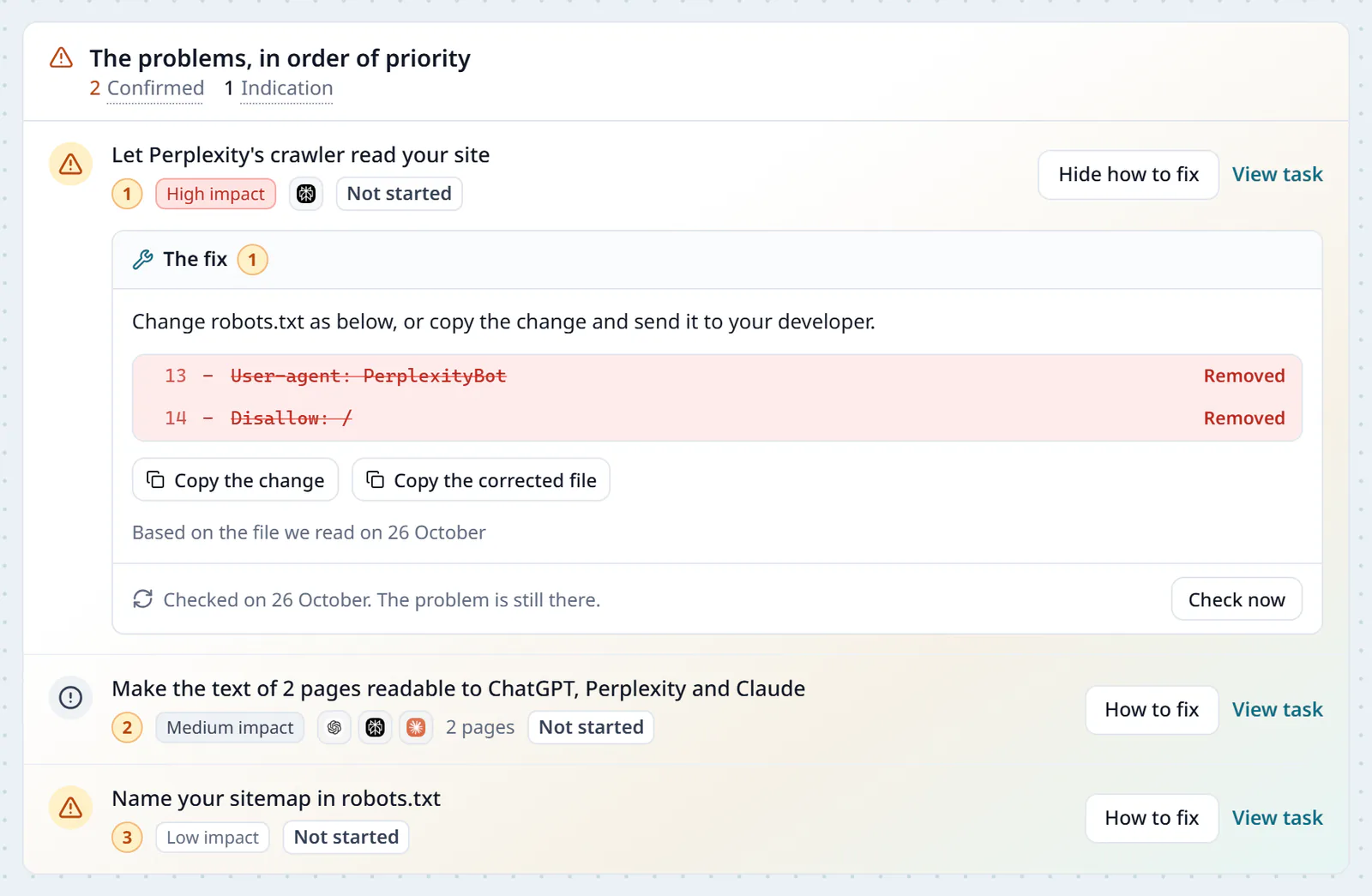 The problems in order of priority in AI Readiness, the first one open: let Perplexity's crawler read your site, high impact, with the robots.txt change showing the PerplexityBot and Disallow lines in red to remove, the buttons to copy the change or the corrected file, then the problems to make two pages' text readable to ChatGPT, Perplexity and Claude, and to name the sitemap in the crawler instructions file