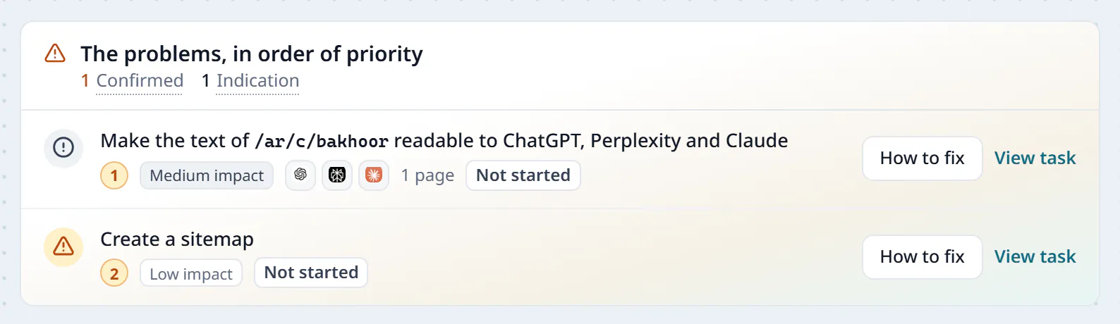 The problems in order of priority in AI Readiness: a task to make a page's text readable to three engines and a task to create a sitemap, each with its impact, its status and how to fix it.